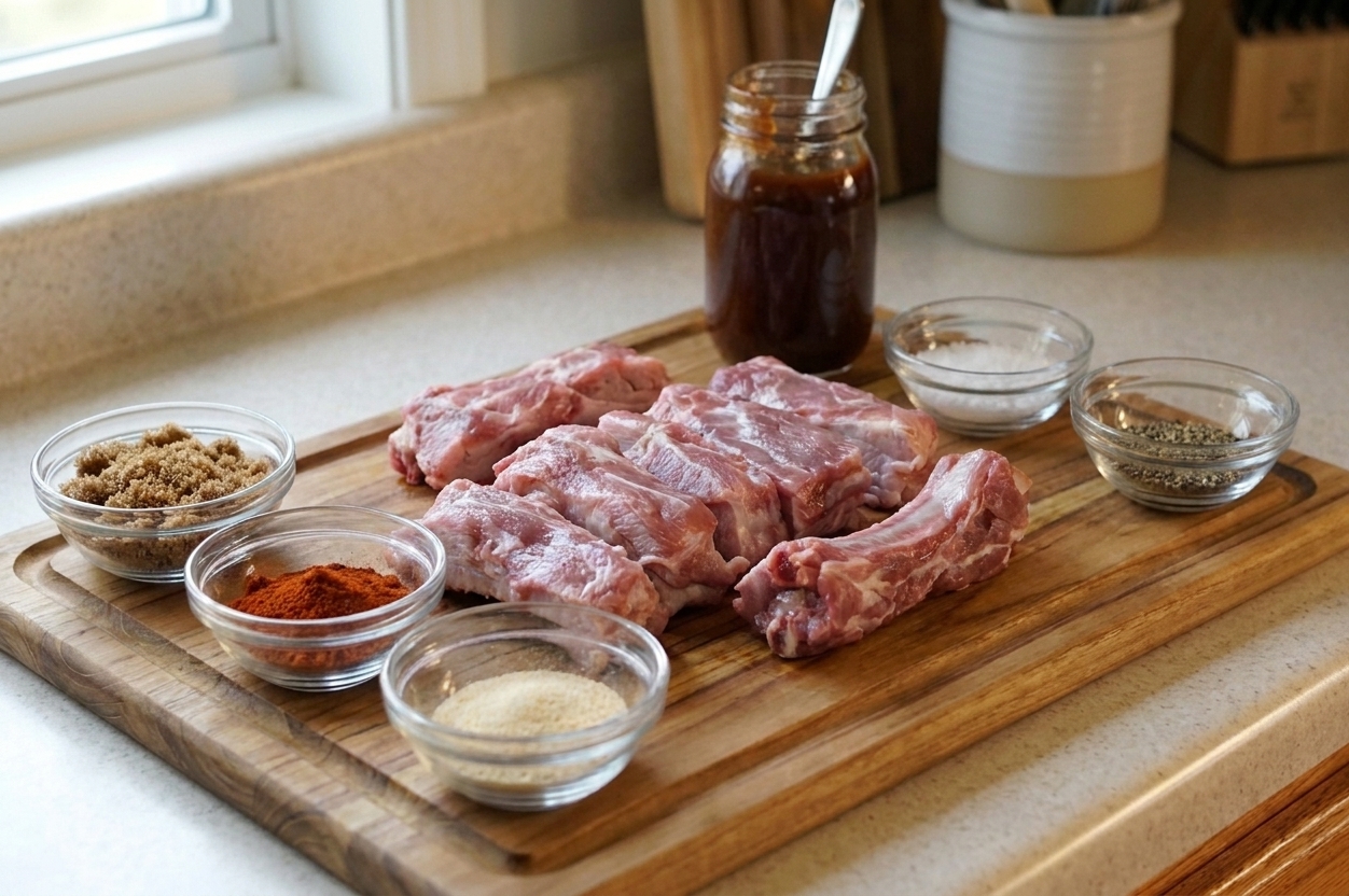 Country style pork ribs on a cutting board with small bowls of brown sugar, paprika, garlic powder, salt, pepper, and a bottle of barbecue sauce arranged on a bright kitchen counter