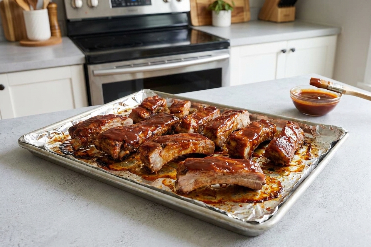 Country style ribs brushed with barbecue sauce on a foil-lined sheet pan in a warm home kitchen