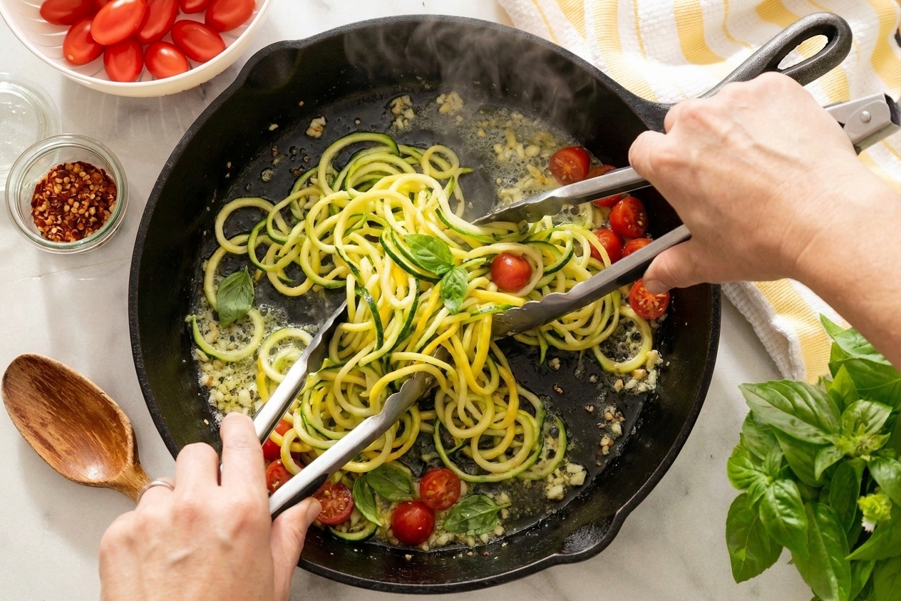 Courgette noodles being tossed with tongs in a hot skillet, glossy with garlic butter