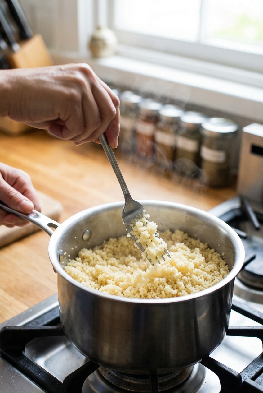 Couscous being fluffed with a fork in a saucepan