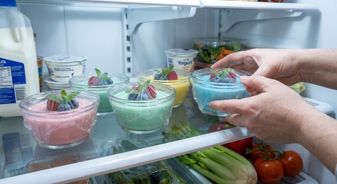 Covered glass dessert cups of set sugar-free Jello protein cups arranged on a refrigerator shelf