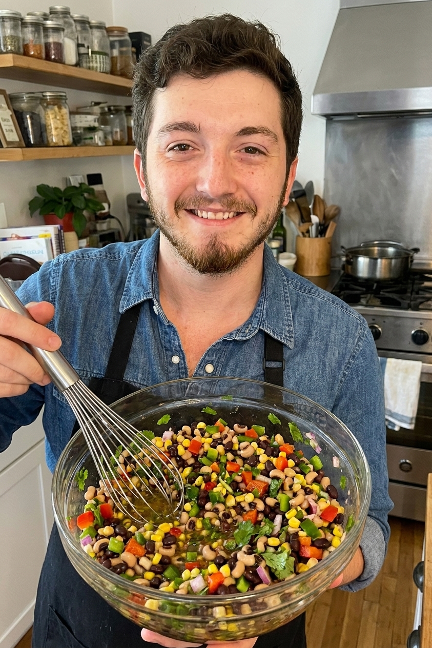 Cowboy caviar (Texas caviar) in a bowl with black beans, black-eyed peas, corn, diced bell peppers, red onion, and cilantro in a lime vinaigrette