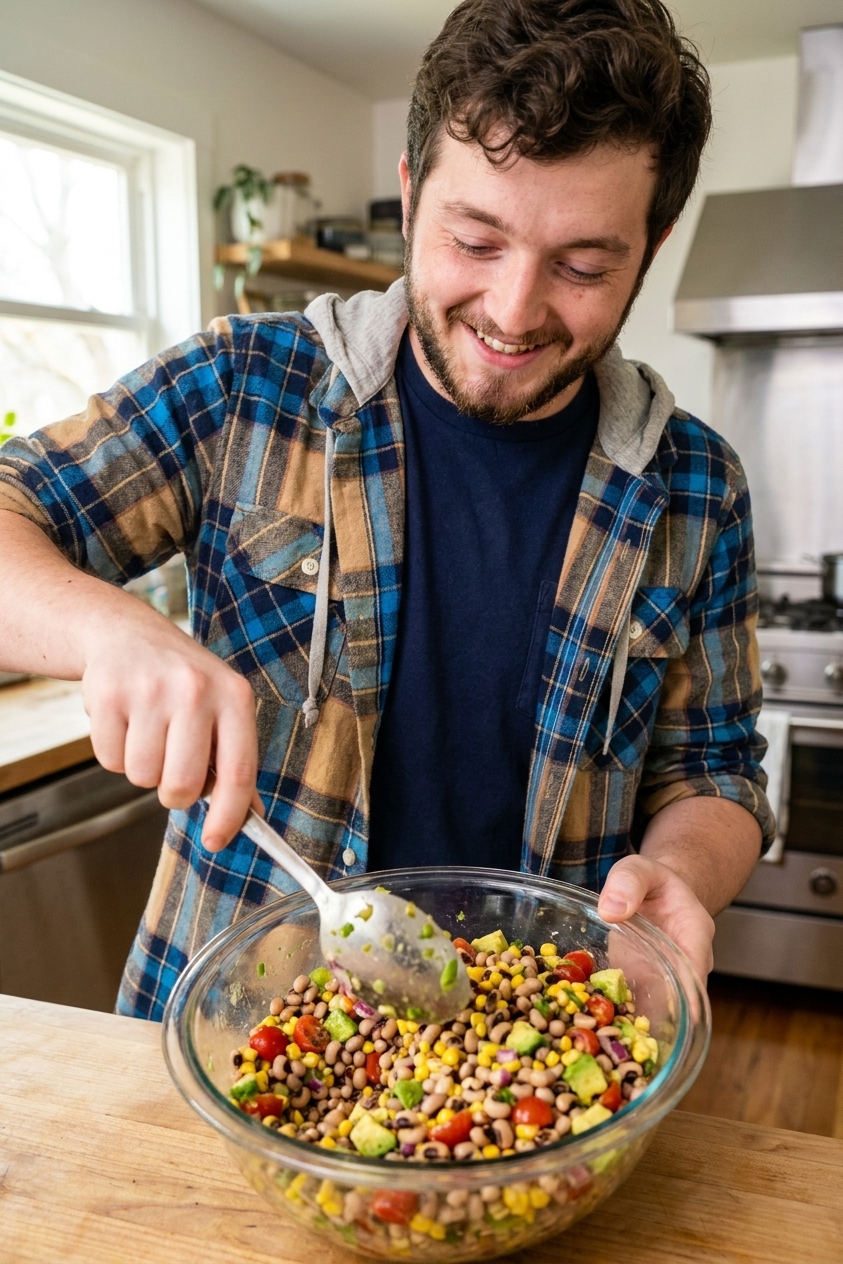Cowboy caviar being tossed in a large mixing bowl with a spoon