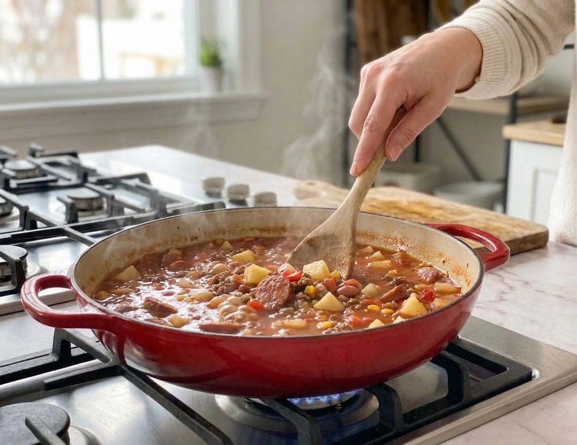 Cowboy stew gently simmering in a Dutch oven with potato chunks visible in the bubbling tomato broth