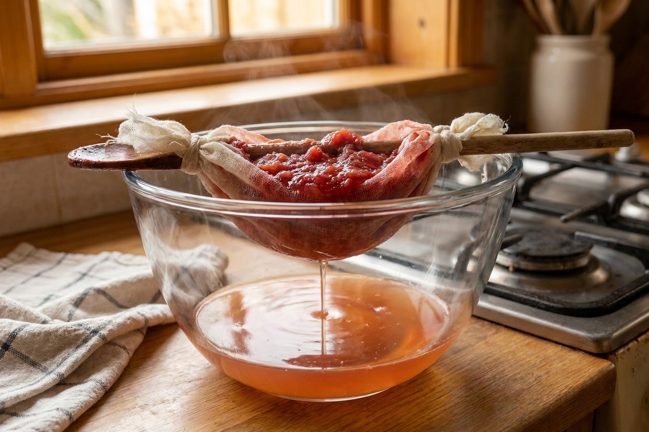 Crab apple pulp draining through cheesecloth suspended over a large bowl on a kitchen counter, with amber-pink juice collecting below