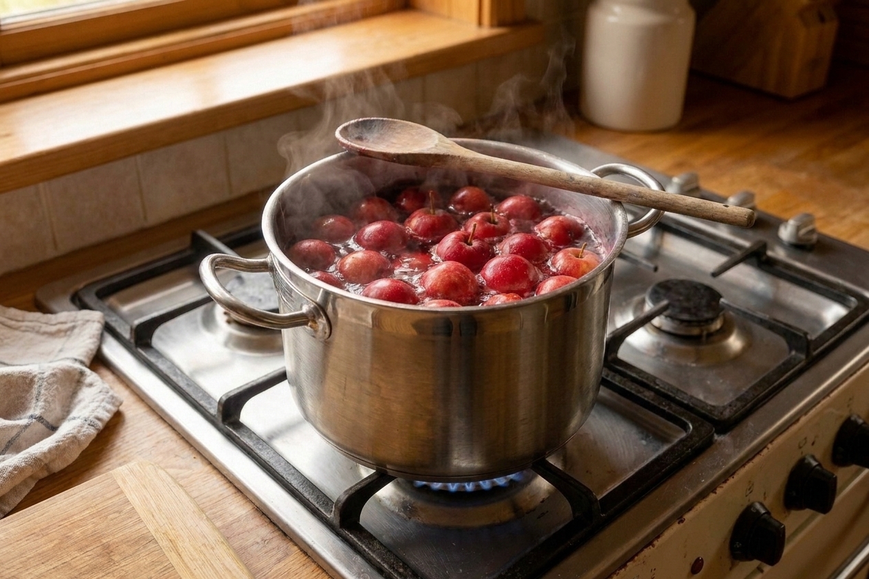 Crab apples simmering in a large stainless steel pot on a stovetop, with a wooden spoon resting on the rim