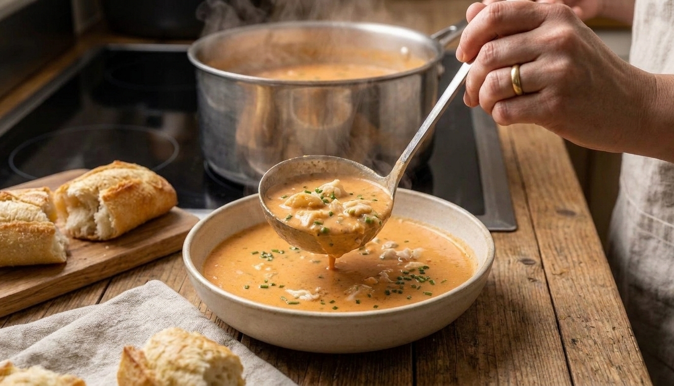 Crab bisque being ladled from a pot into a warm bowl on a kitchen counter with steam rising
