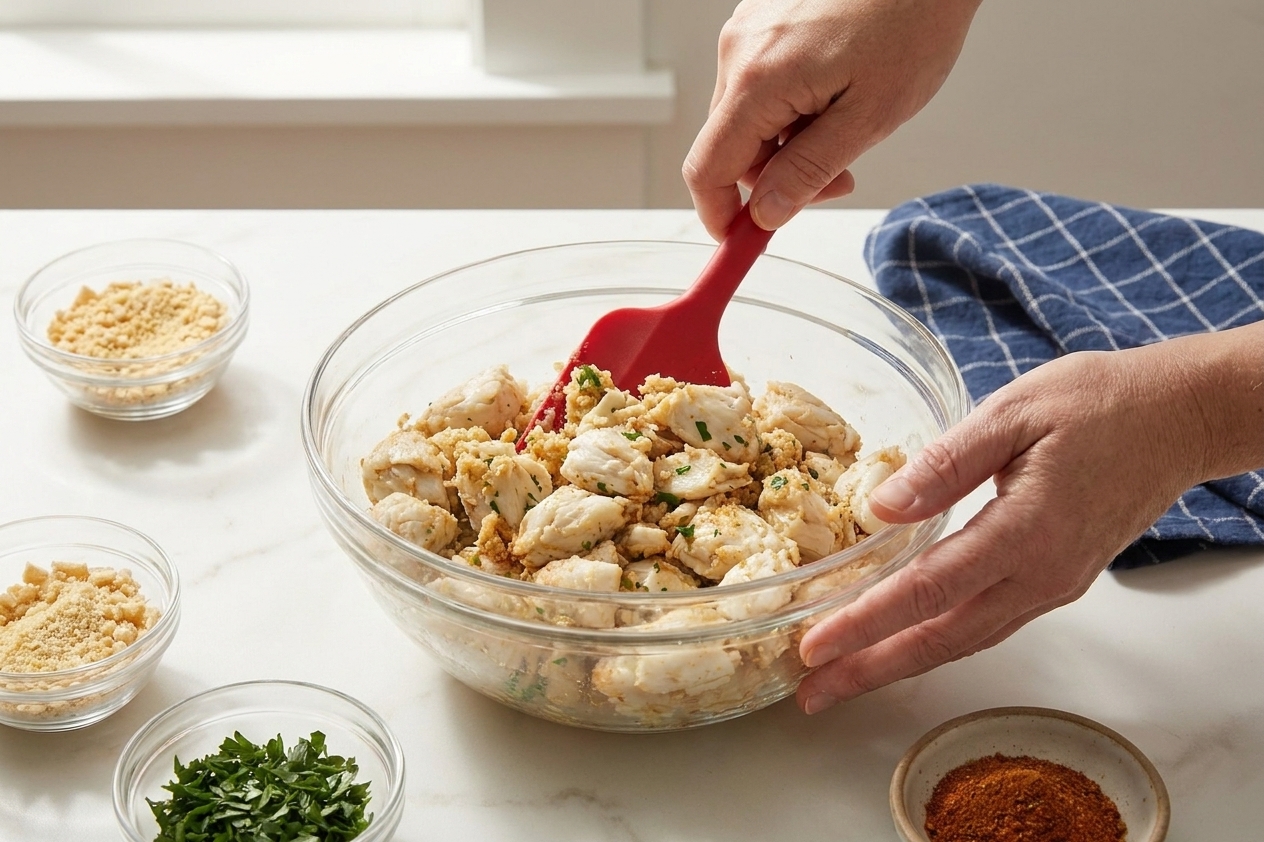 Crab cake mixture being gently folded in a large mixing bowl with a rubber spatula, crab lumps still visible