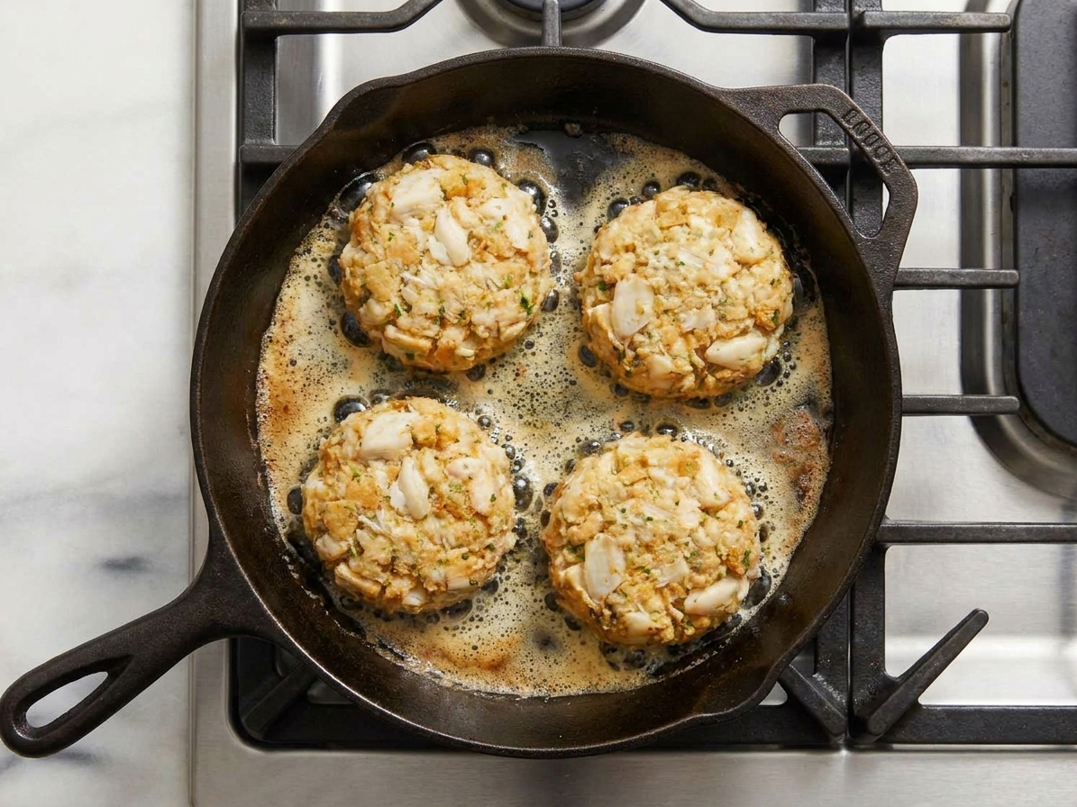 Crab cakes browning in a cast iron skillet with butter bubbling around the edges on a home stove