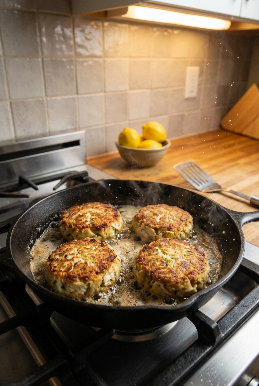 Crab cakes browning in a skillet with sizzling oil