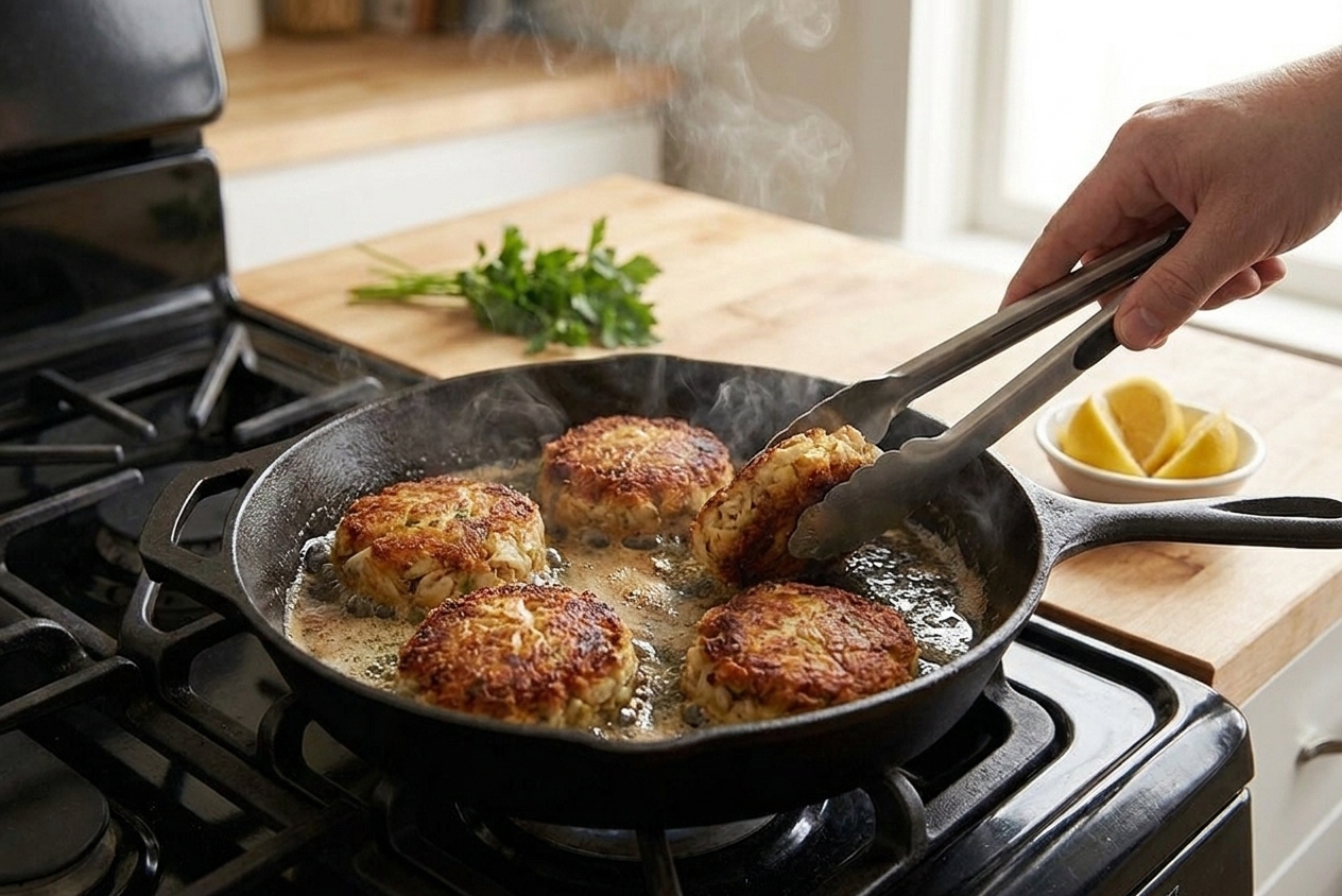Crab cakes sizzling in a cast iron skillet with oil, turning golden around the edges on a stovetop