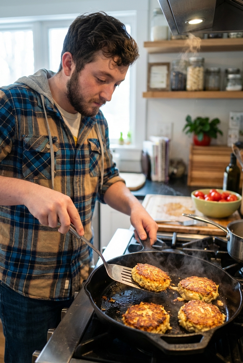 Crab cakes sizzling in a skillet with browned edges and a spatula ready to flip one