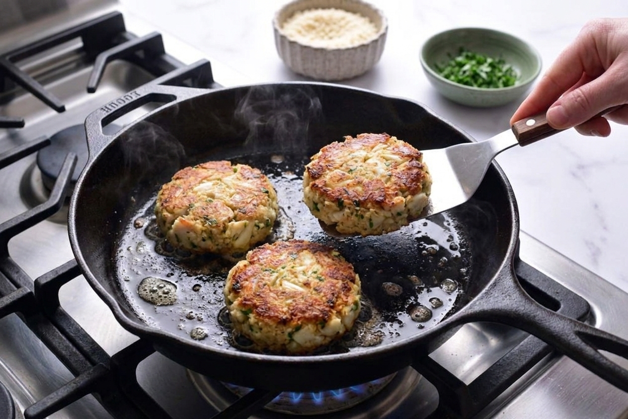 Crab cakes sizzling in a skillet with golden-brown edges forming as they fry on the stovetop