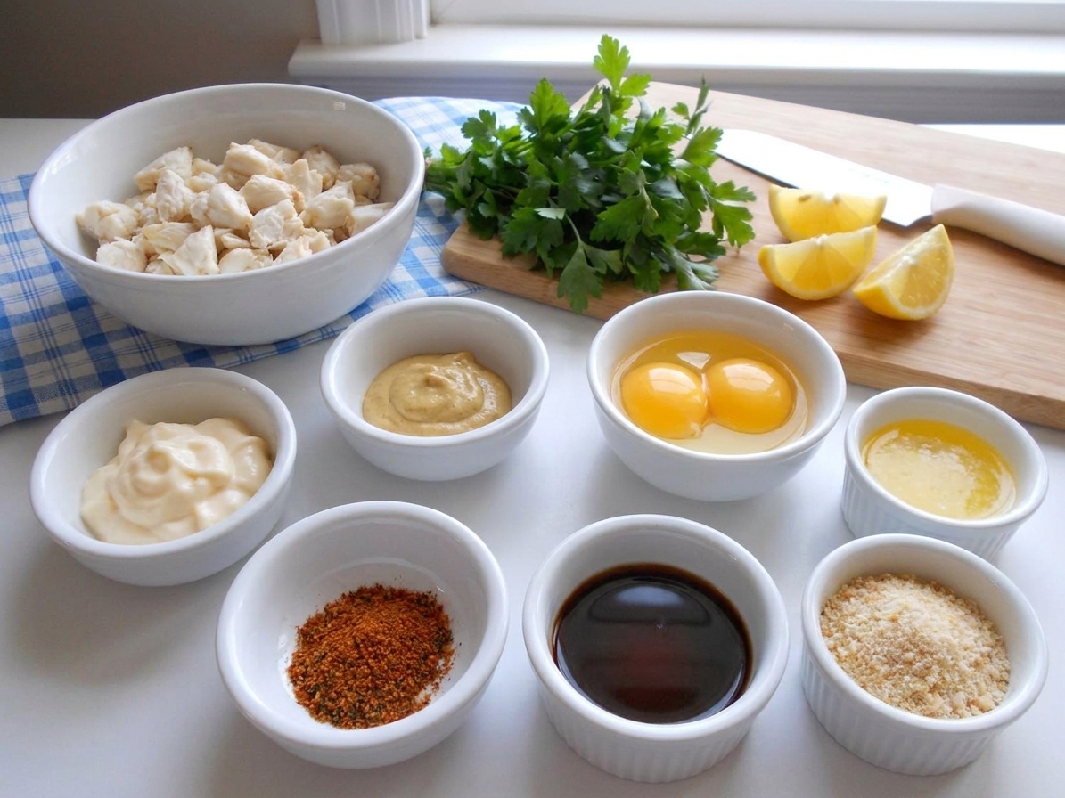 Crab imperial ingredients arranged on a kitchen counter including crab meat, mayonnaise, Dijon mustard, eggs, lemon, Old Bay seasoning, Worcestershire, parsley, breadcrumbs, and butter in small bowls