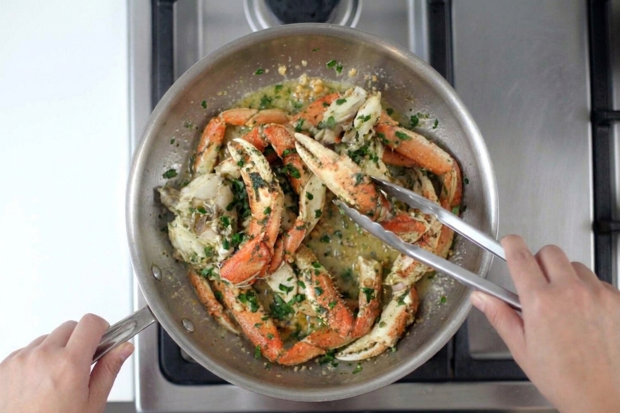 Crab legs and body sections being tossed in a skillet with glossy garlic butter sauce and chopped parsley