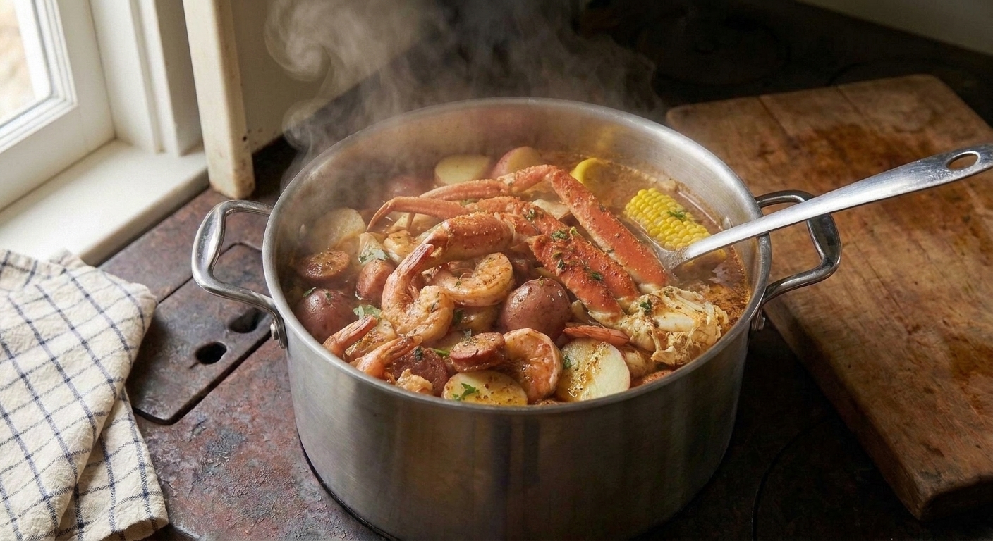 Crab legs and shrimp in a stockpot with corn and potatoes, with steam rising as the seafood finishes cooking