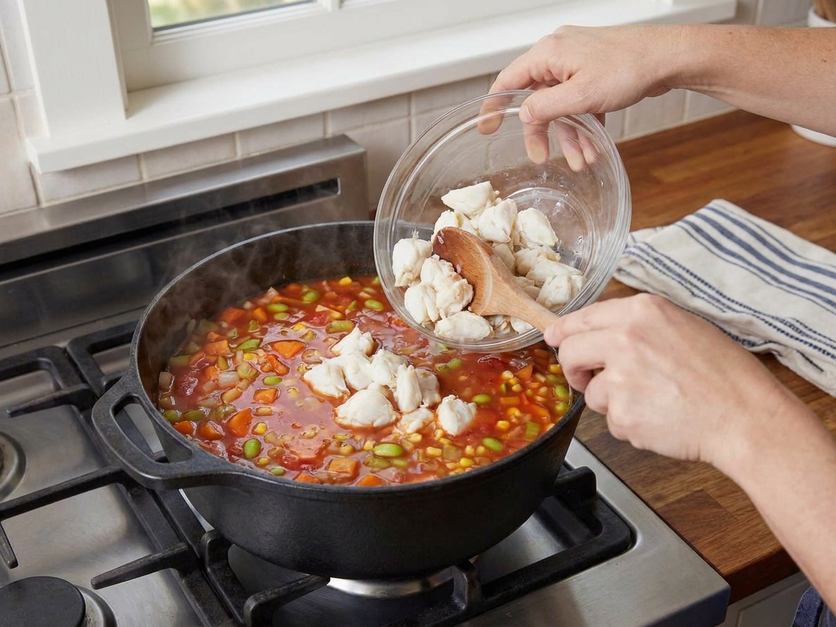 Crab meat being gently folded into a tomato-based vegetable soup in a large pot