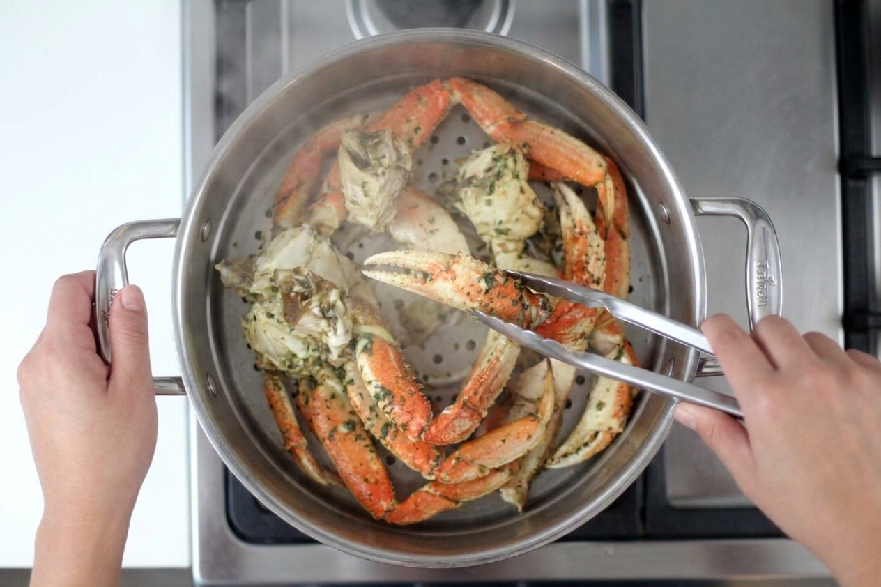 Crab sections sitting in a steamer insert inside a pot, just warmed through and steaming
