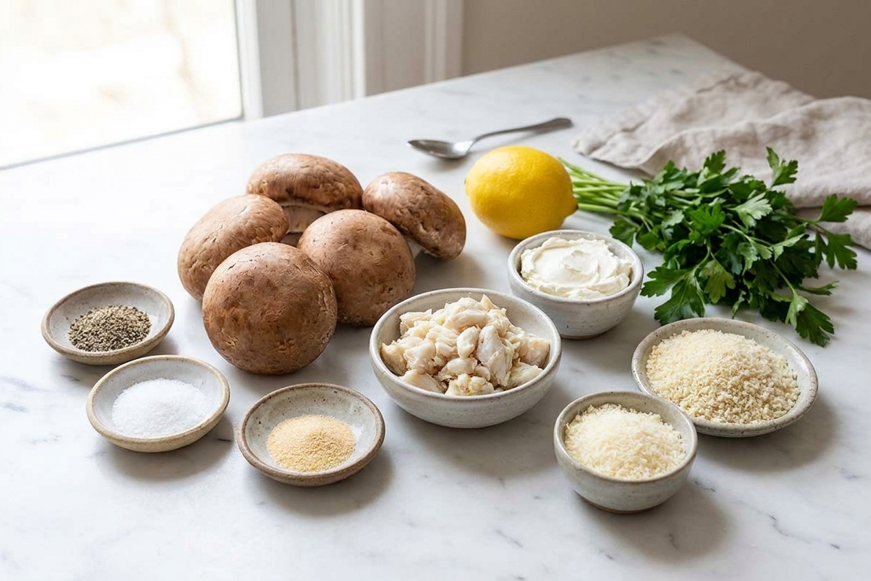 Crab stuffed mushroom ingredients laid out on a clean kitchen counter including mushrooms, crab meat, cream cheese, Parmesan, panko, lemon, herbs, and seasonings in small bowls