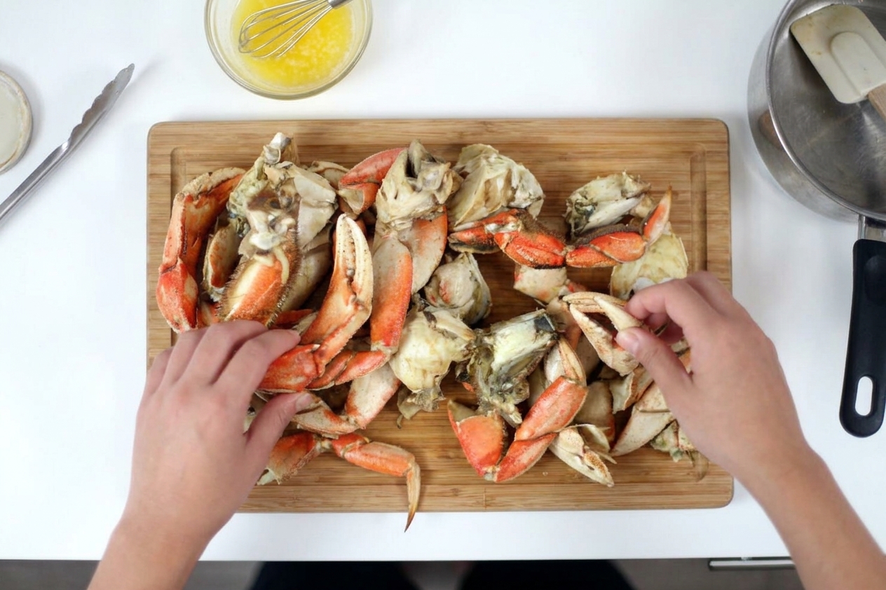 Cracked Dungeness crab sections (legs, claws, and body pieces) arranged on a cutting board, ready to warm and sauce