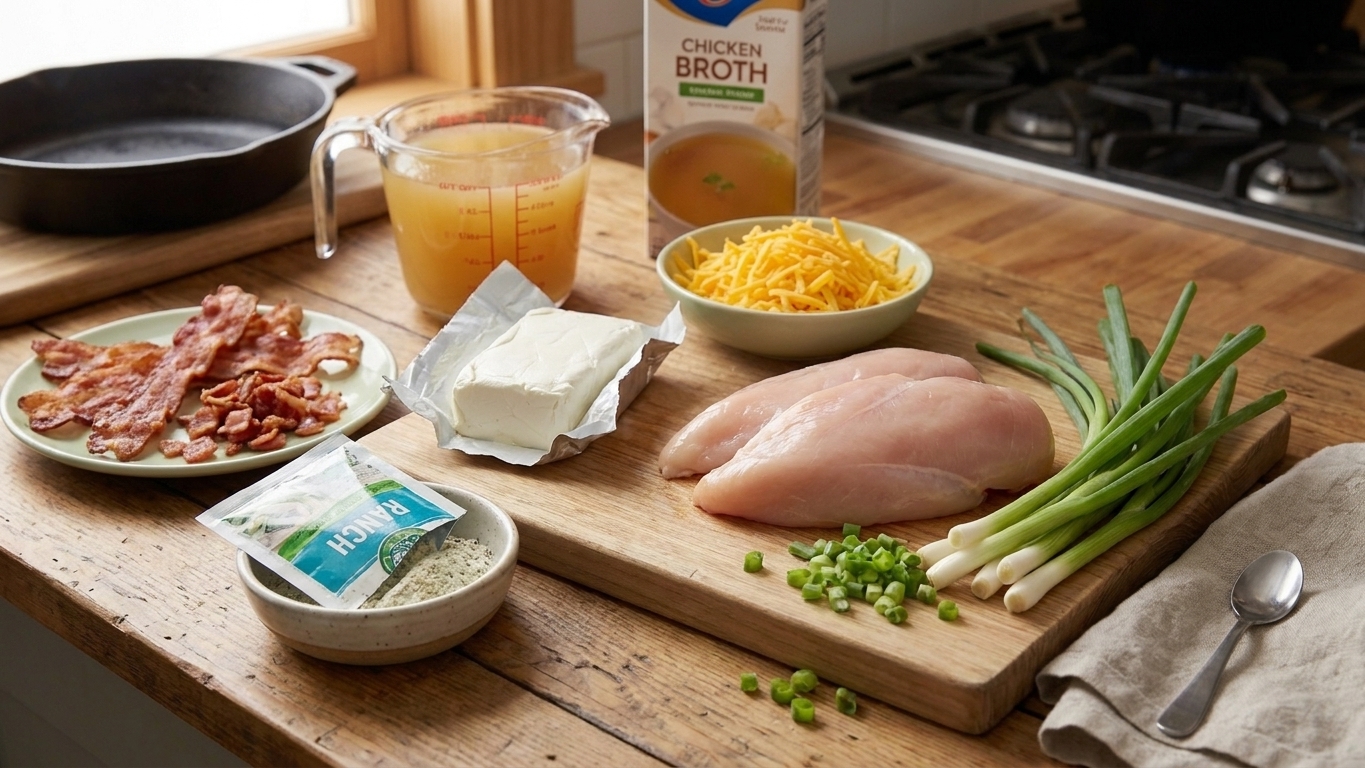 Cracked chicken ingredients arranged on a light kitchen countertop including chicken breasts, cream cheese, ranch seasoning packet, shredded cheddar, cooked bacon, green onions, and chicken broth