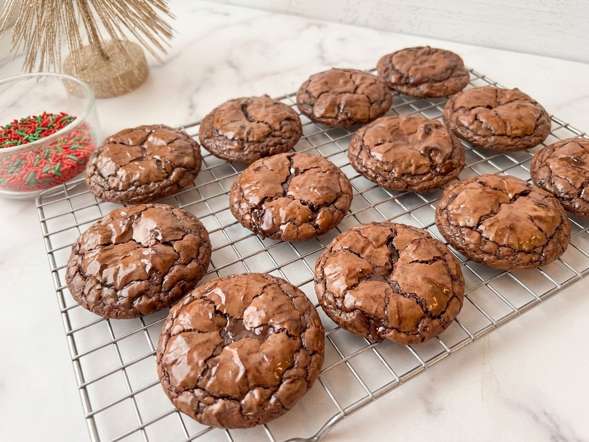 Crackly-top brownie cookies with shiny crusts and slightly gooey centers on a cooling rack