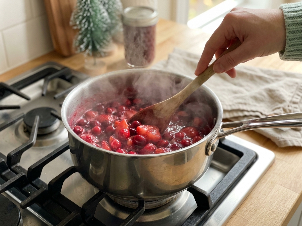 Cranberries and chopped strawberries simmering in a saucepan on a stovetop, with a wooden spoon stirring as steam rises