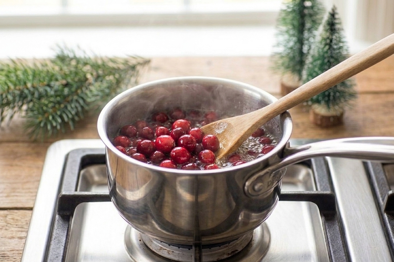Cranberries being stirred in a saucepan of simple syrup, looking glossy and bright red