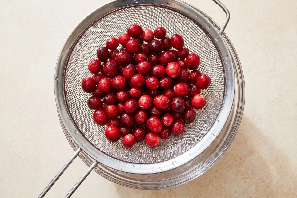 Cranberries draining in a fine-mesh strainer over a bowl on a clean kitchen counter