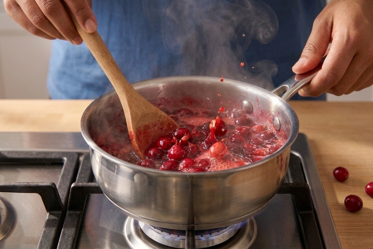 Cranberries simmering in a saucepan with several berries popping and releasing juice, steam rising