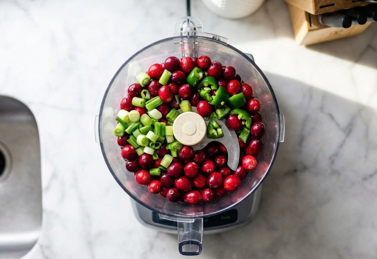 Cranberries, sliced green onions, and chopped jalapeño in a food processor bowl just before pulsing on a kitchen counter