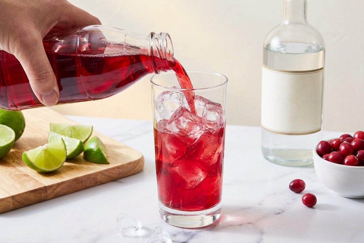 Cranberry juice being poured into a highball glass full of ice on a kitchen counter, creating a deep ruby color