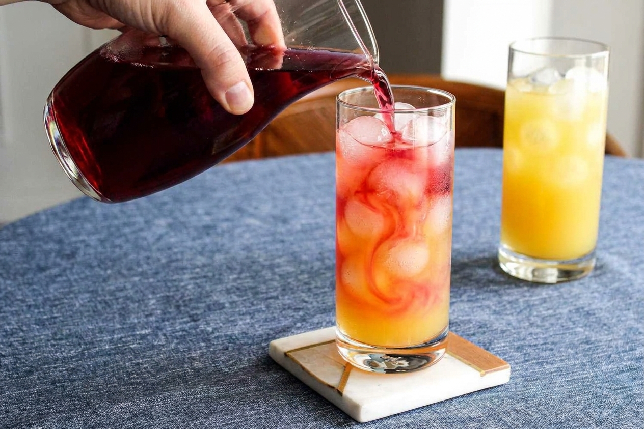Cranberry juice being poured into a tall glass with ice, creating a pink swirl through pineapple juice