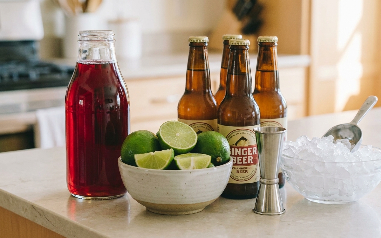 Cranberry juice, fresh limes, and bottles of ginger beer arranged on a clean kitchen counter with a jigger and ice nearby