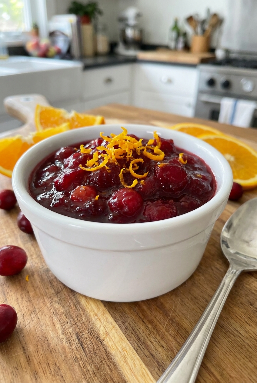 Cranberry orange sauce in a small bowl with orange zest on top