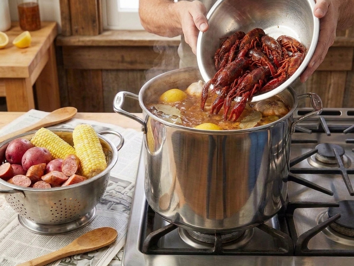 Crawfish being poured into a large boiling pot with seasoned broth on a stovetop