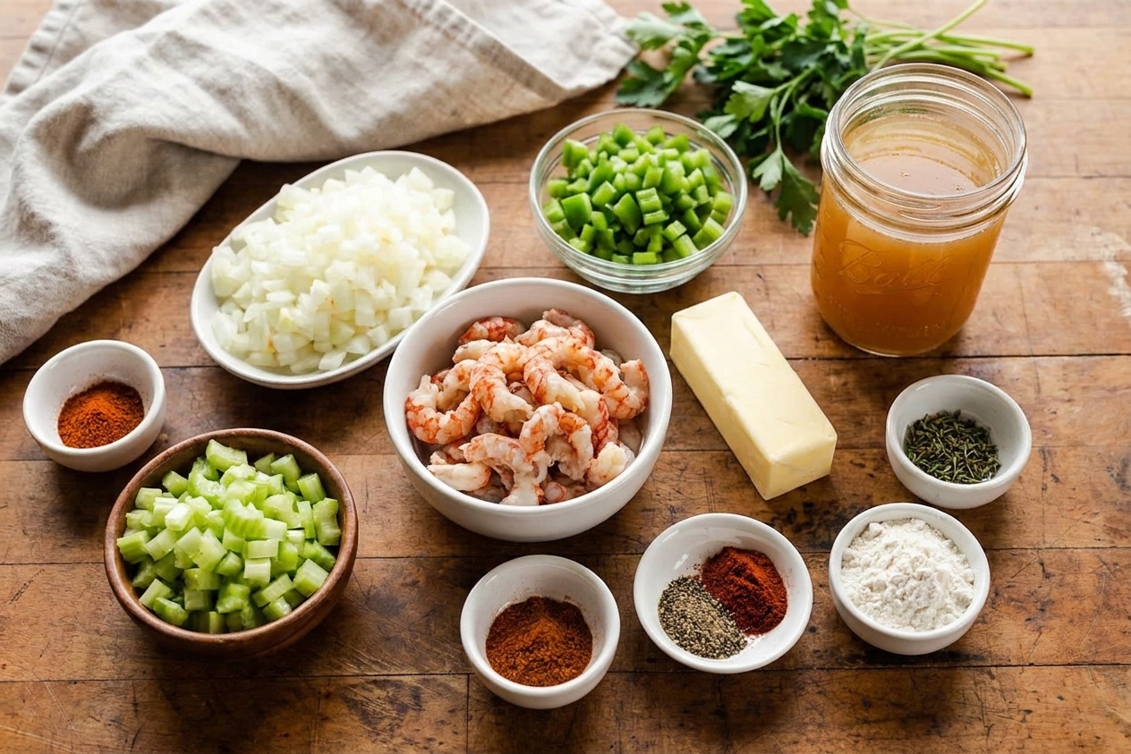 Crawfish tails in a bowl surrounded by diced onion, celery, bell pepper, butter, flour, stock, and spices on a home kitchen counter