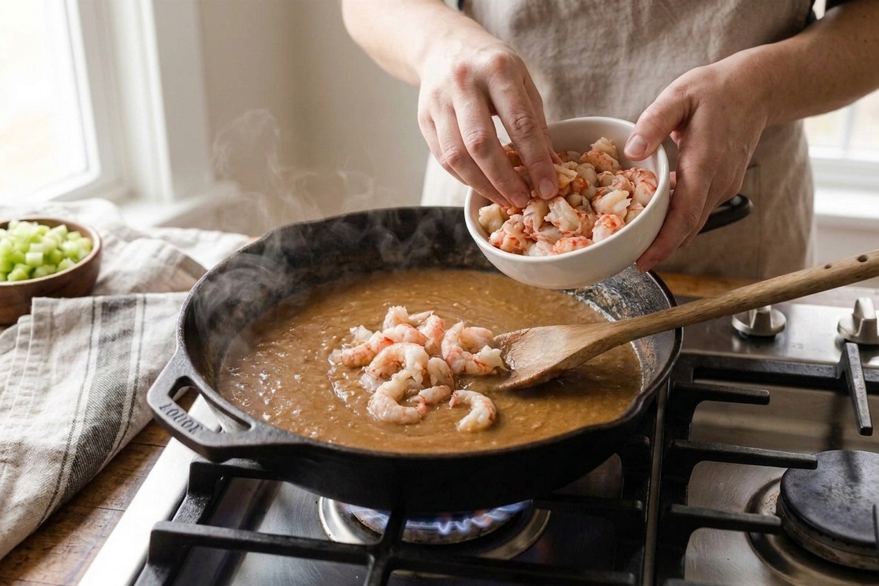 Crawfish tails warming in a thick golden-brown étouffée sauce in a wide pan on the stove