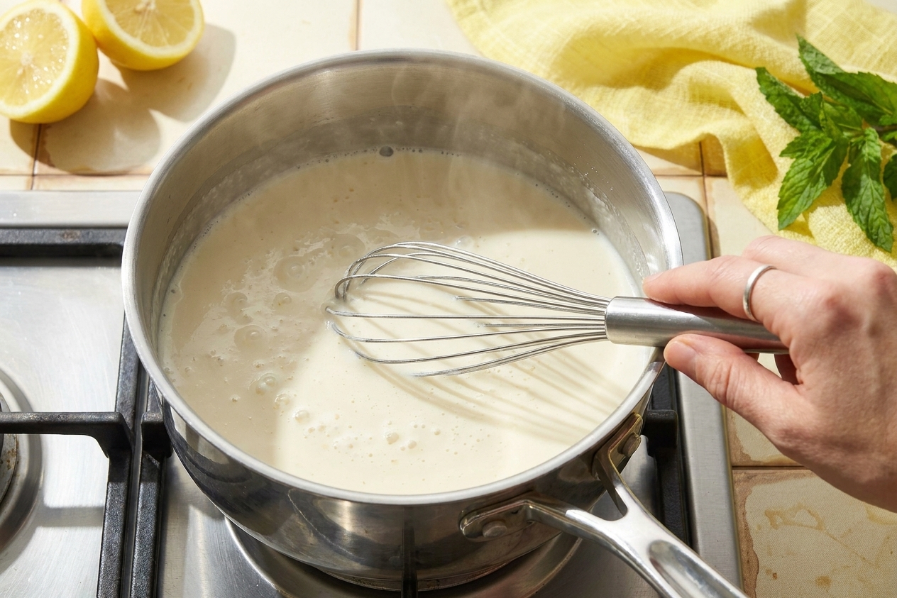Cream and sugar gently simmering in a stainless steel saucepan on a stovetop, with a whisk resting in the pan