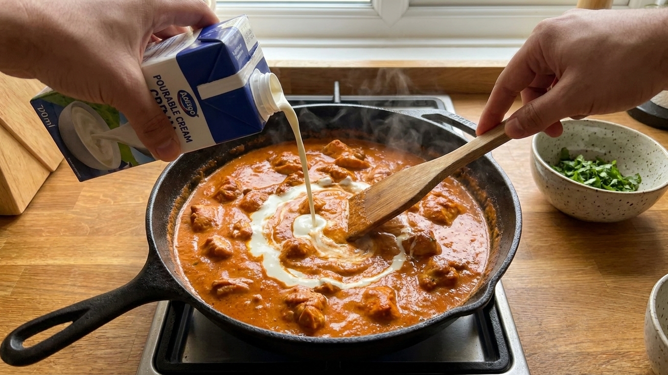 Cream being stirred into a simmering orange-red butter chicken sauce in a skillet with gentle steam