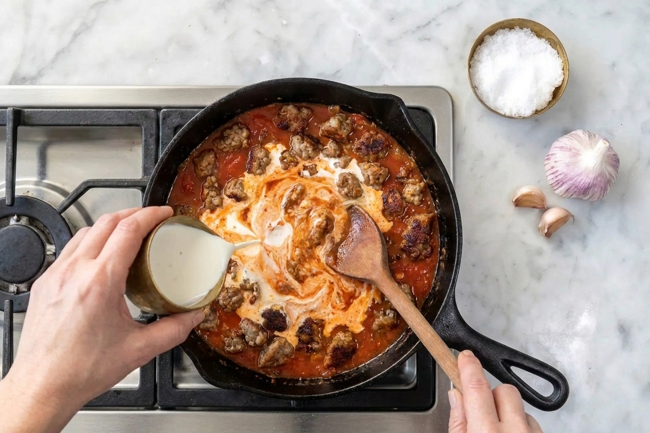 Cream being stirred into a simmering tomato sauce in a skillet on a stovetop