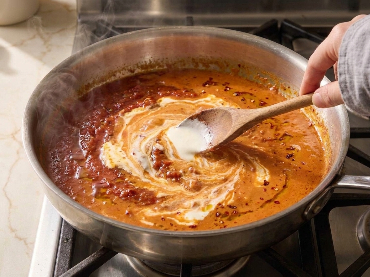Cream being stirred into a spicy tomato sauce in a skillet, turning it a smooth orange color