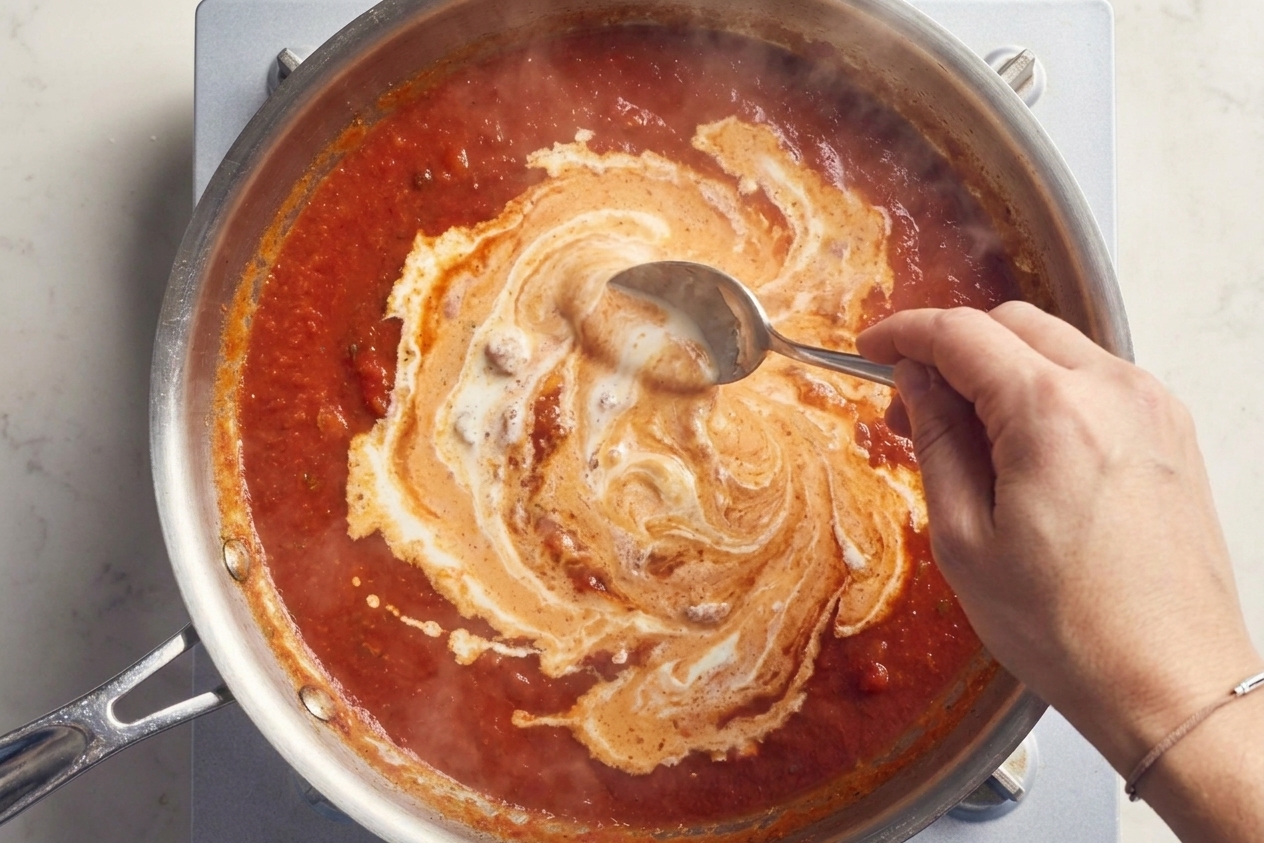Cream being stirred into a tomato sauce in a skillet until the color turns light orange and silky