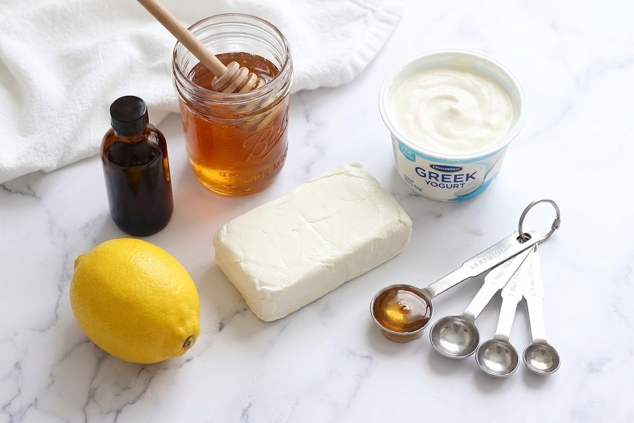 Cream cheese, Greek yogurt, honey, vanilla extract, and a lemon arranged on a clean kitchen counter with measuring spoons