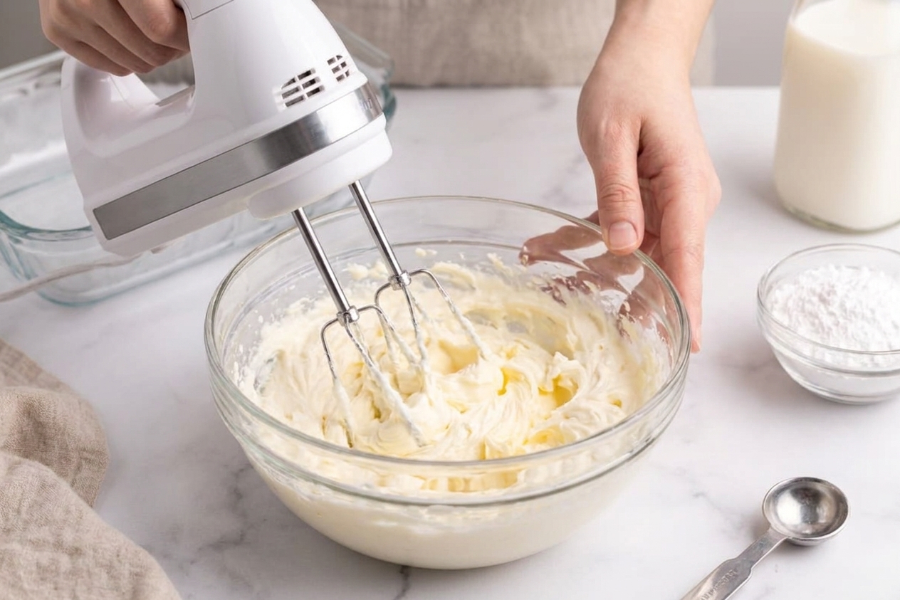 Cream cheese and butter being beaten in a mixing bowl until fluffy, with a hand mixer on the counter
