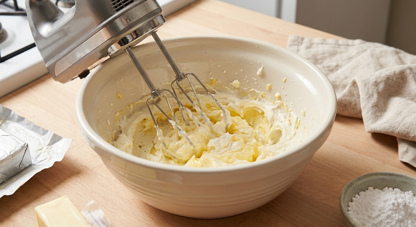 Cream cheese and butter being beaten together in a mixing bowl with a hand mixer on a kitchen counter