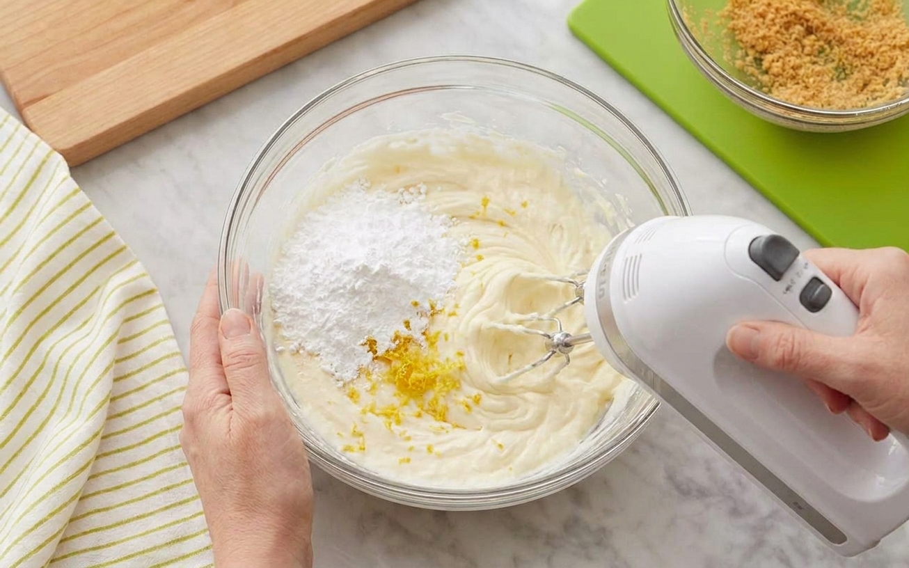 Cream cheese being beaten with powdered sugar and lemon zest in a large mixing bowl using a hand mixer