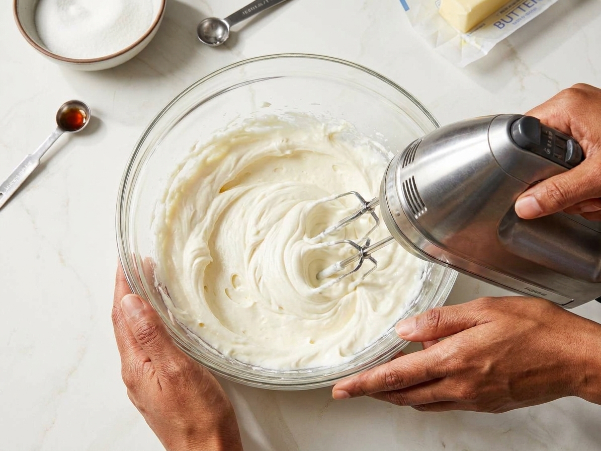 Cream cheese being mixed in a large glass bowl with a hand mixer on a light kitchen counter