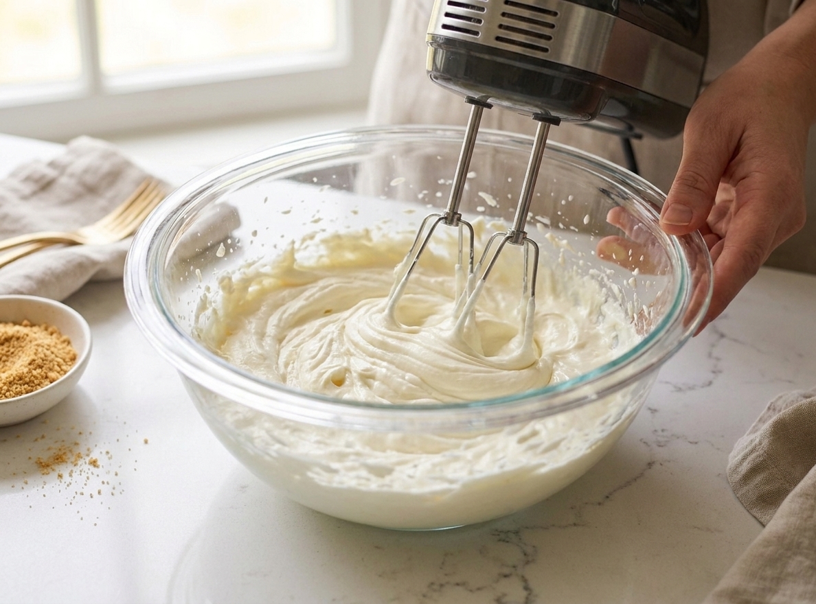 Cream cheese being whipped with a hand mixer in a large mixing bowl on a kitchen counter