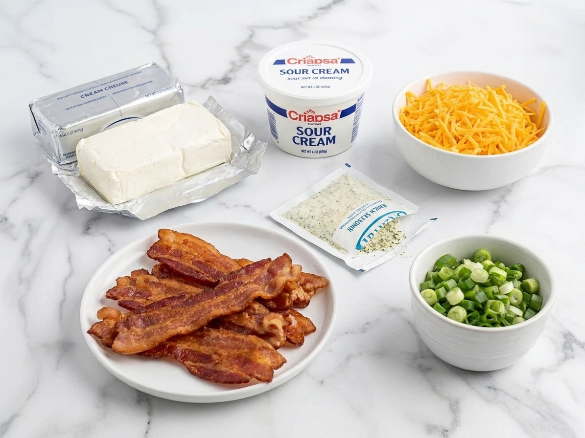 Cream cheese blocks, a tub of sour cream, shredded cheddar, ranch seasoning packet, cooked bacon, and sliced green onions arranged on a kitchen counter